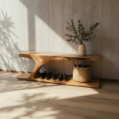 Handcrafted Live Edge Wooden Bench – Sculpted Natural Shoe Storage for Entryway or Hallway