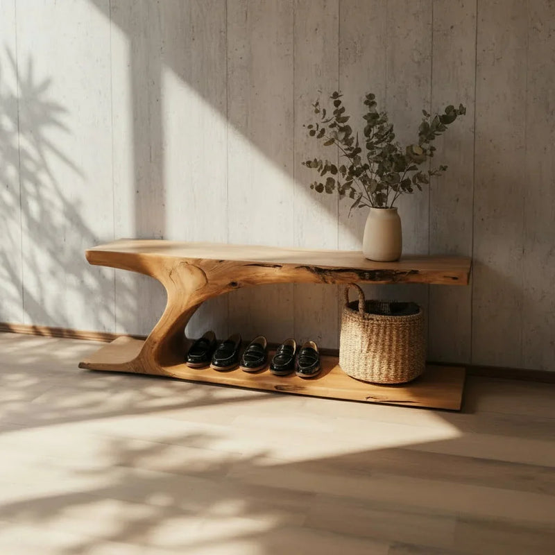Live edge wooden bench with vase, basket, and shoe storage in sunlit modern room