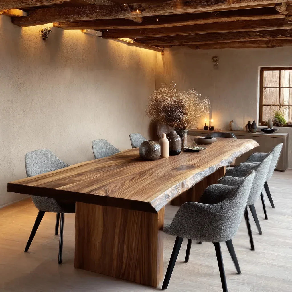 Rustic dining room with a large live-edge wood table, gray upholstered chairs, dried floral centerpiece, and soft wall lighting