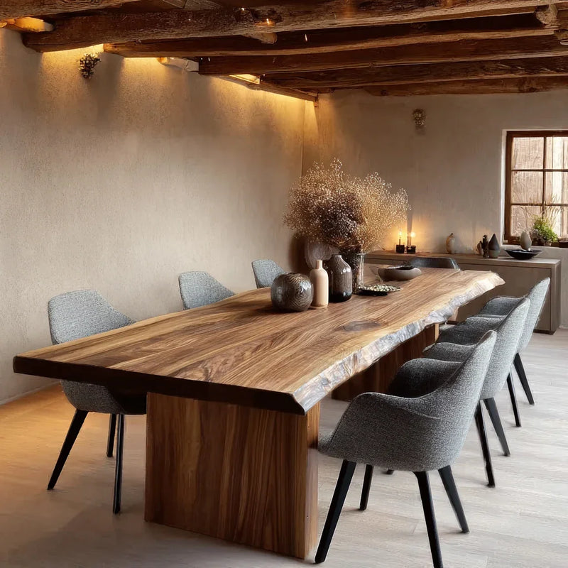 Rustic dining room with a large live-edge wood table, gray upholstered chairs, dried floral centerpiece, and soft wall lighting