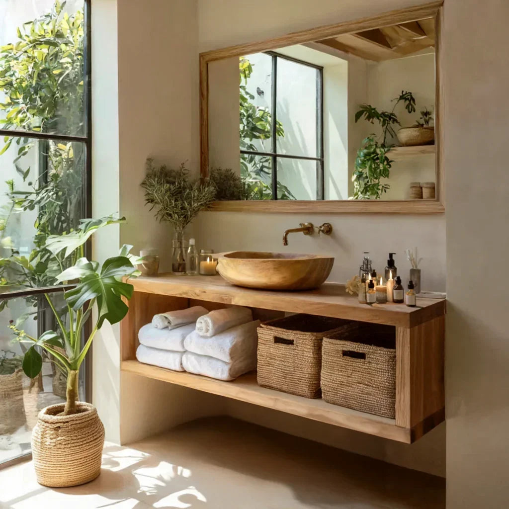 Modern bathroom with wooden floating vanity, vessel sink, large mirror, plants, towels, and woven baskets
