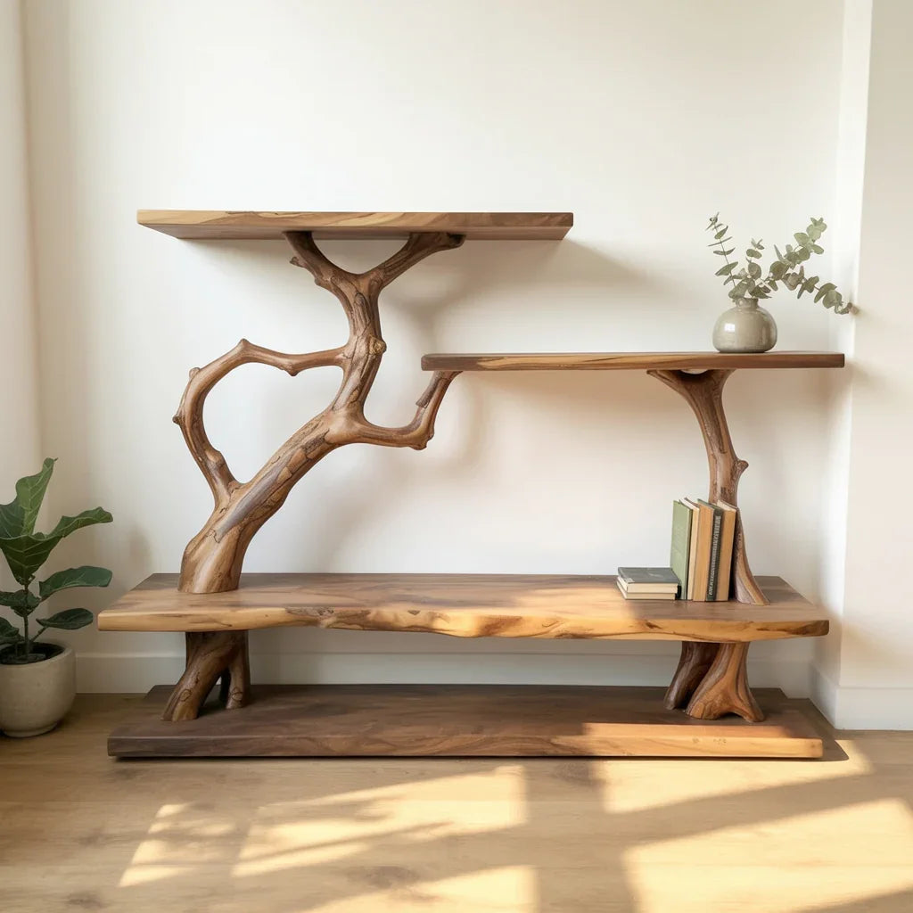 Unique wooden tree-branch bookshelf with books and vase in minimalist bright room