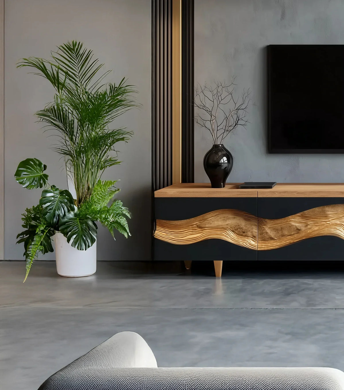 Modern living room with live edge wood sideboard, indoor plants, and minimalist décor