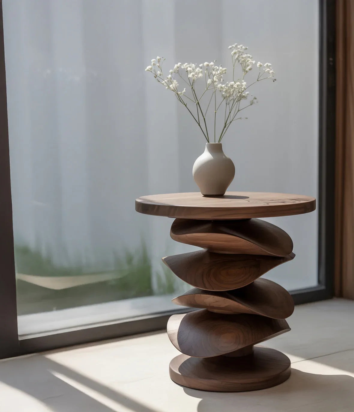 Modern wooden side table with sculptural stacked design and white vase with delicate flowers by window