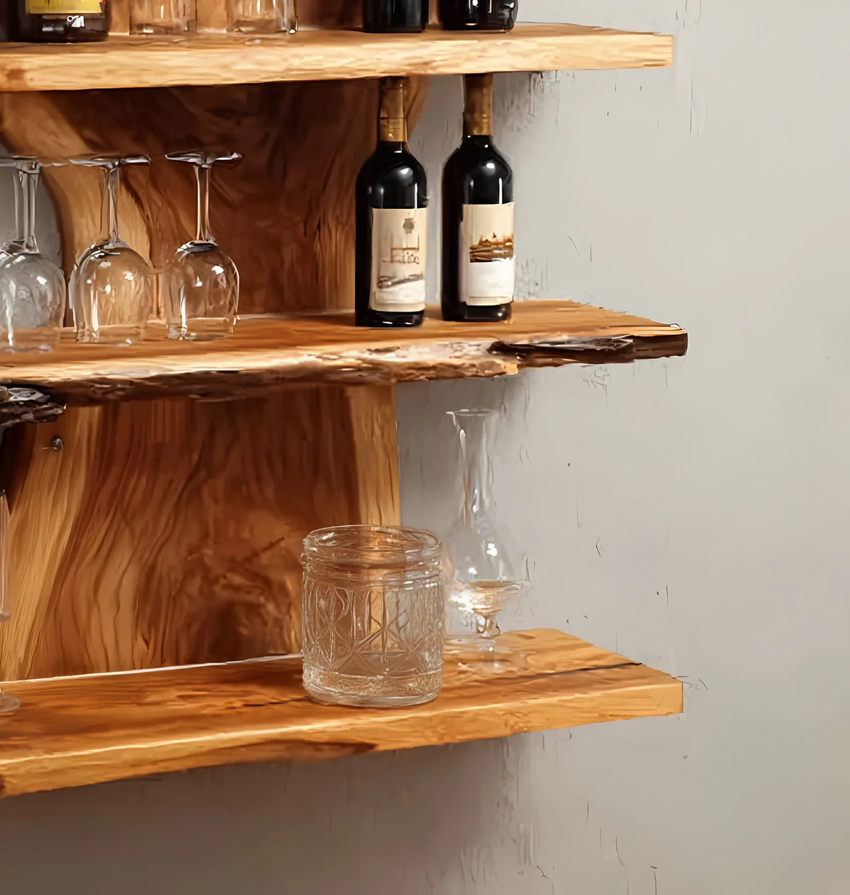 Live edge wooden wall shelves with wine bottles and glassware, rustic home decor
