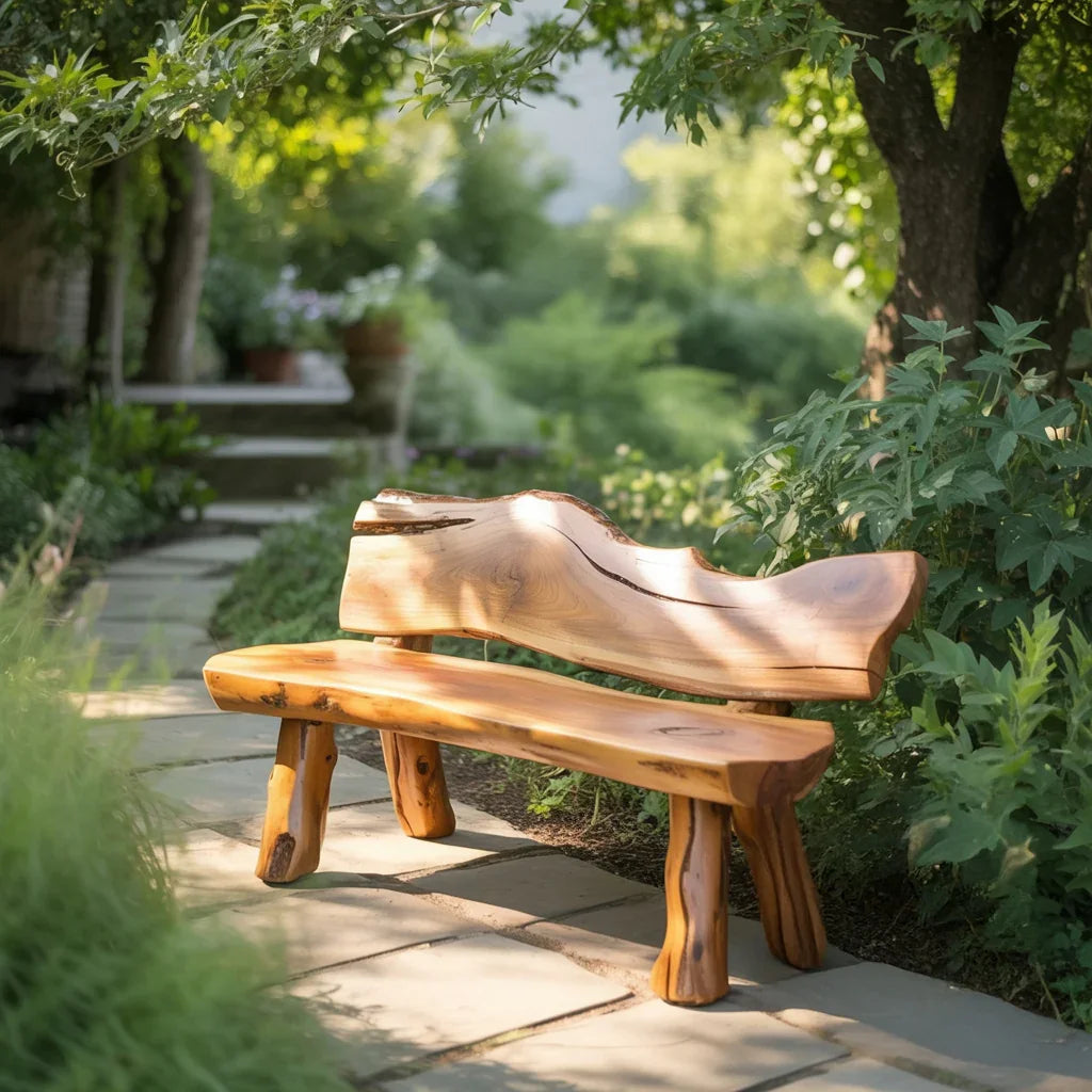 Handcrafted natural wood bench on stone path surrounded by lush green garden plants