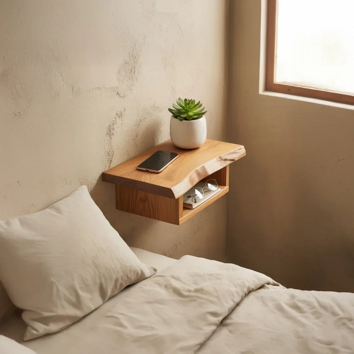 Live edge floating wooden nightstand beside bed with potted plant and phone on top