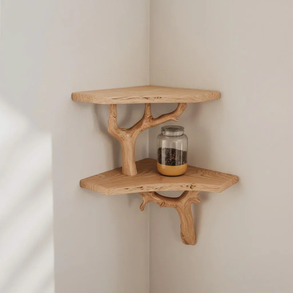 Solid wood corner shelves with branch supports, featuring a glass jar for home decor