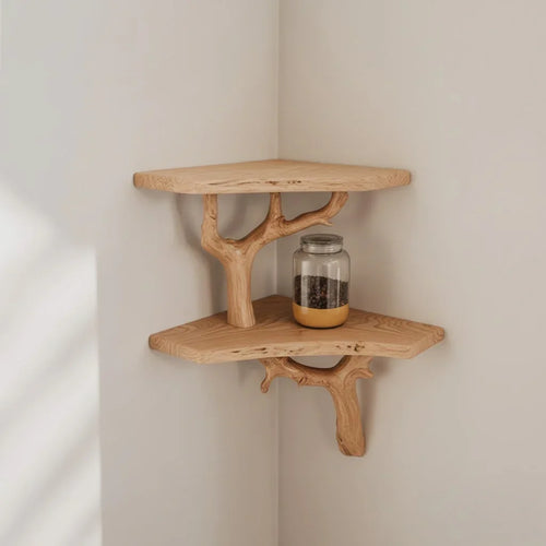 Driftwood Corner Wall Shelf – Solid Wood Tree Branch Bookshelf