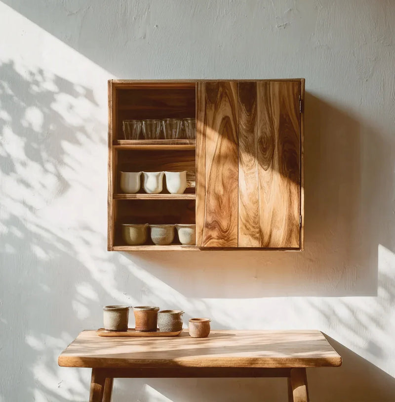 Solid wood wall cabinet and table with ceramic cups in natural light, minimalist decor