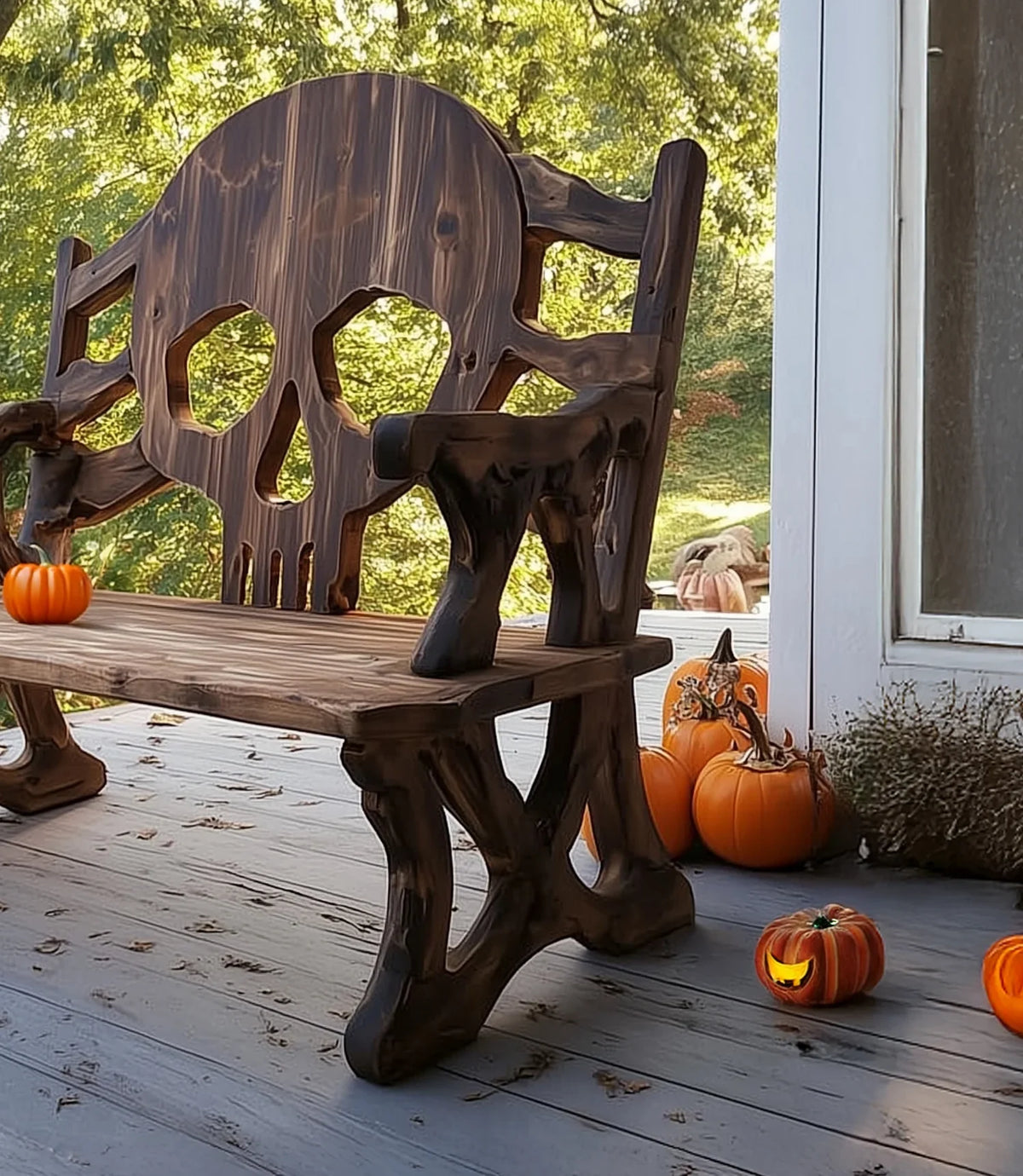 Rustic wooden bench with skull-shaped backrest on porch decorated with pumpkins and jack-o'-lantern