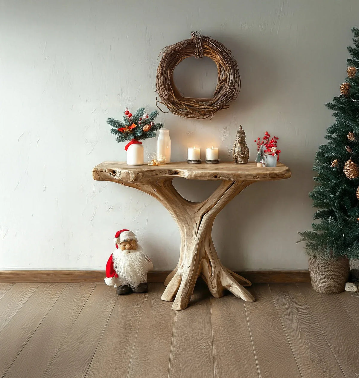 Live edge solid wood entryway table with Christmas decor, candles, and a wreath