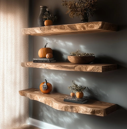 Live Edge Floating Shelf – Solid Wood Wall Shelf for Rustic Kitchen or Home Bar Decor