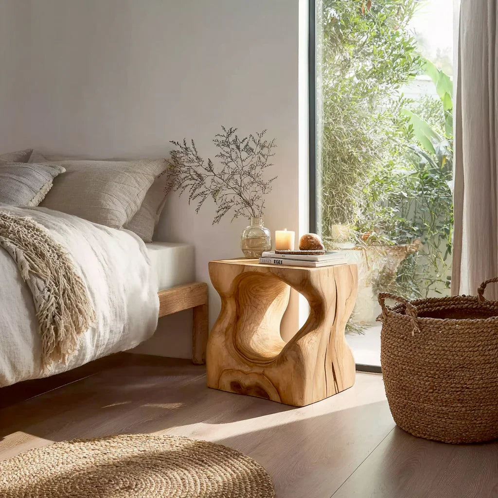 Cozy bedroom corner with wooden side table, natural decor, woven basket, and sunlight through window