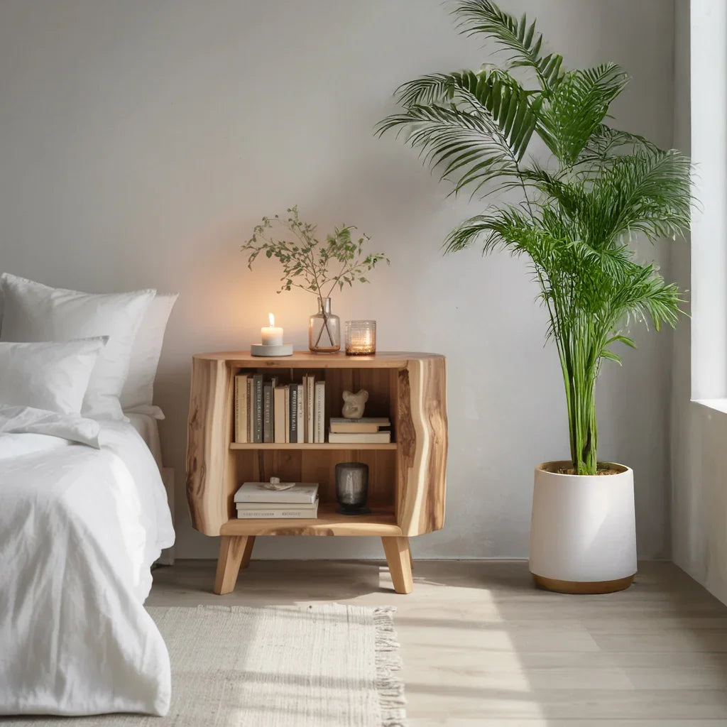 Minimalist bedroom corner with wooden nightstand, lit candles, green plant in white pot, and white bed linens