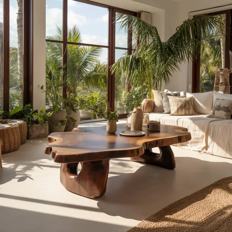 Bright modern living room with wooden coffee table, green plants, and white cushioned sofa