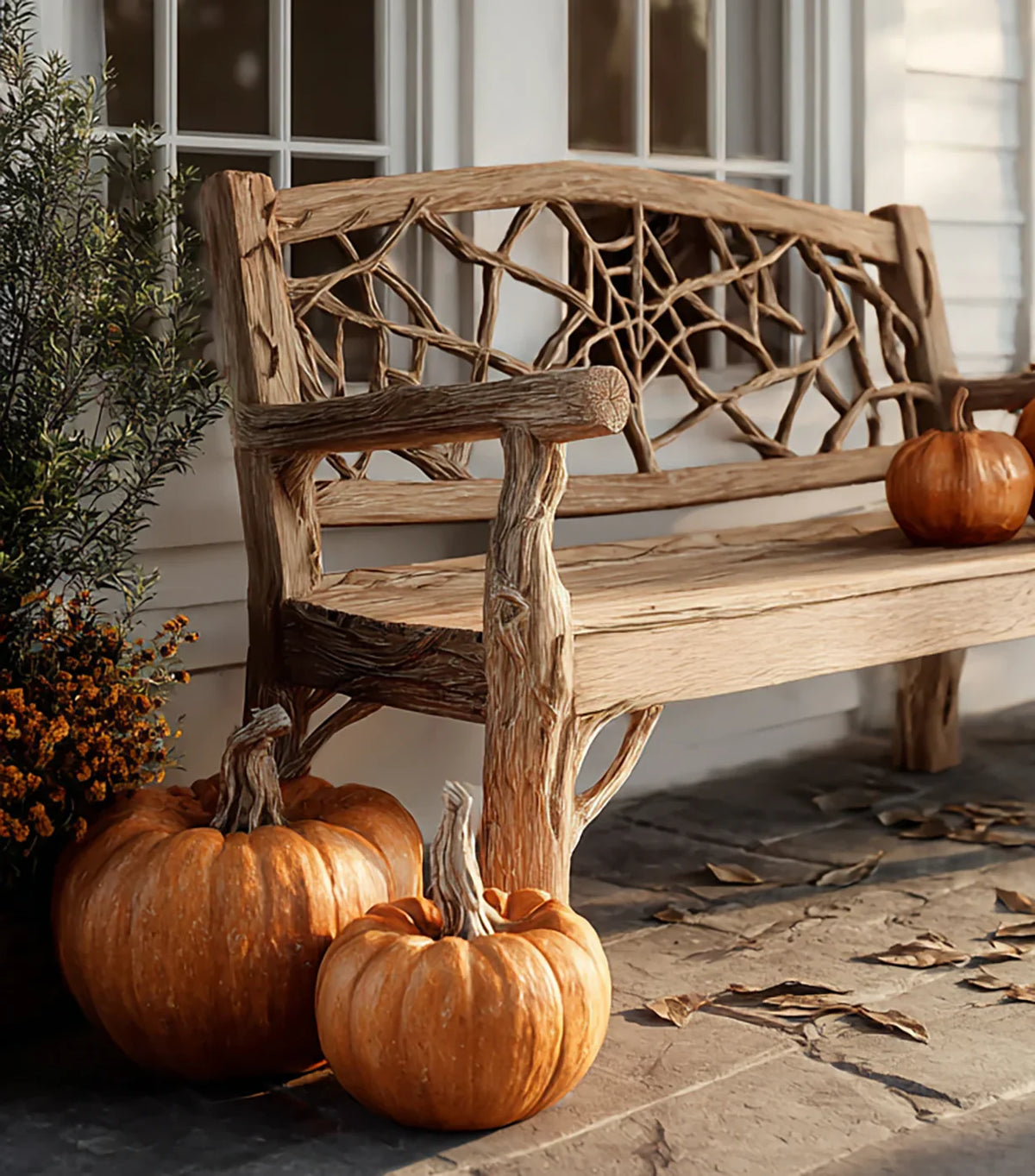 Rustic wooden bench with branch-style backrest on porch decorated with three pumpkins and autumn leaves