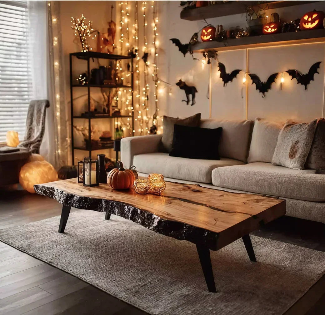 Cozy living room with Halloween decor, pumpkin on wooden coffee table, string lights, and beige sofa