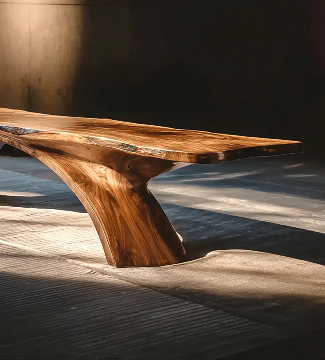 Elegant live-edge wooden coffee table with natural grain in a sunlit minimalist room