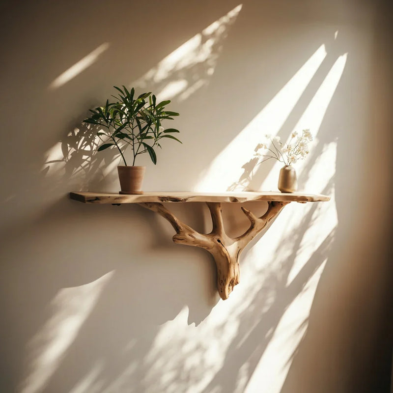 Wooden branch wall shelf with potted green plant and small vase with dried flowers in sunlight