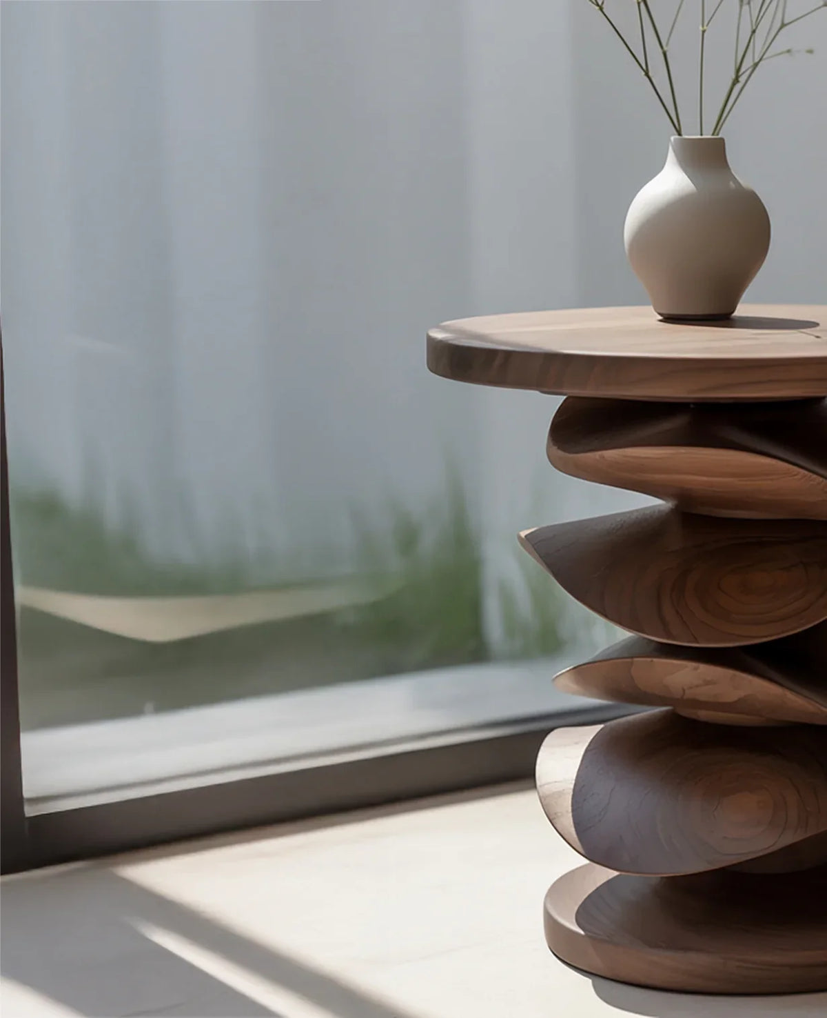 Modern wooden side table with sculptural layered design and white vase on top near sunlit window