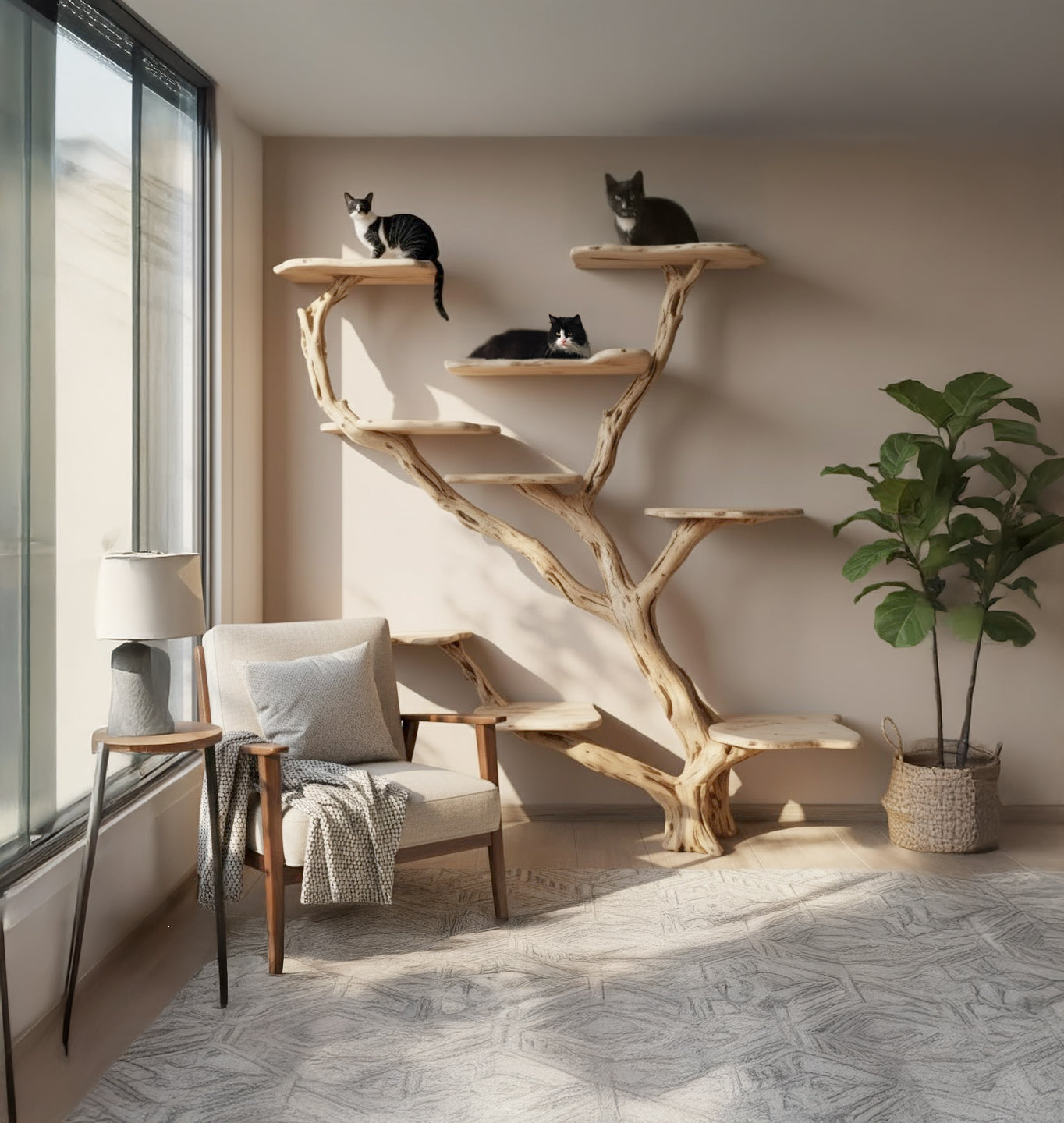 Modern living room with large window, cushioned armchair, wooden side table, cat tree with three black and white cats, and tall green plant