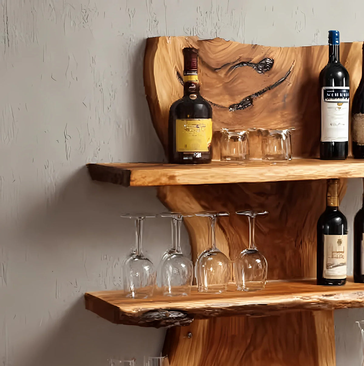 Live edge solid wood floating shelves displaying wine bottles and glassware against a wall.