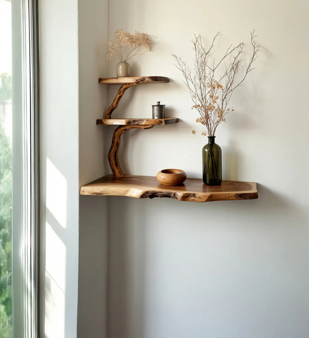 Minimalist wooden corner shelving with natural wood grain, dried flowers in vases, and natural light