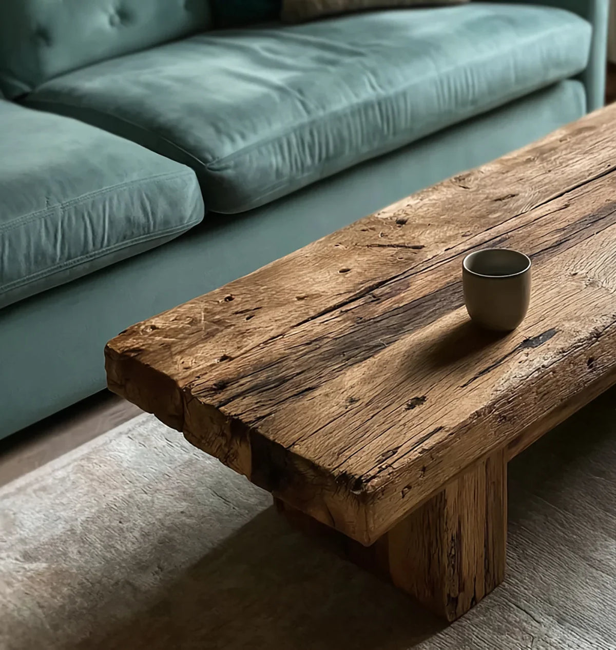 Rustic wooden coffee table with single ceramic cup beside green velvet sofa in cozy living room