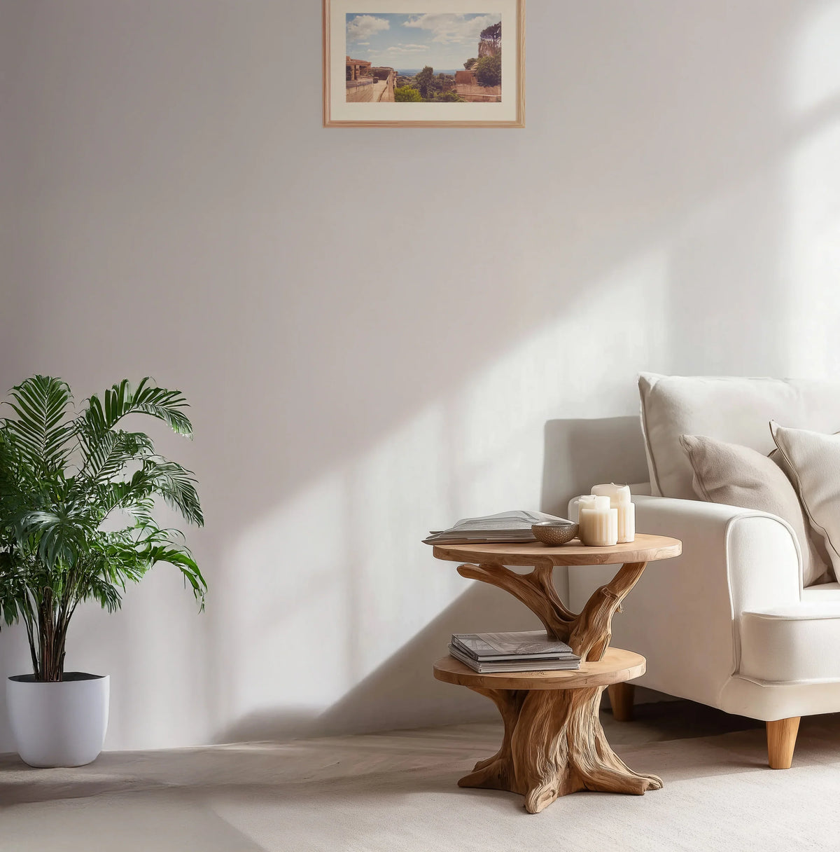 Solid wood live edge side table with natural tree design beside a cream sofa in a modern living room