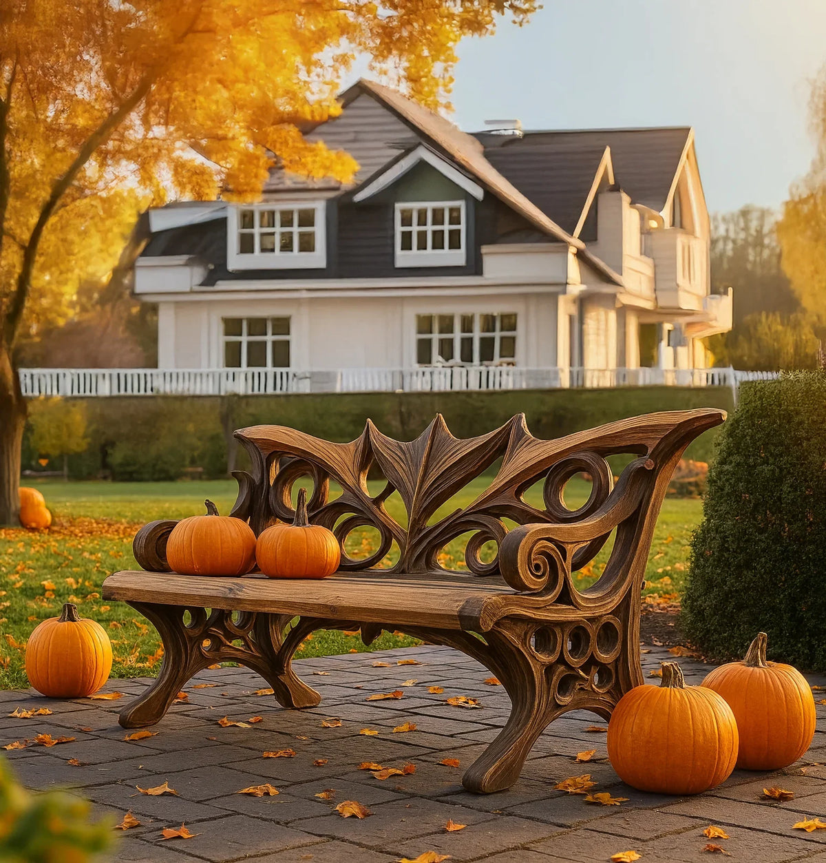 Carved wooden bench with autumn pumpkins on paved patio in front of white house with fall foliage