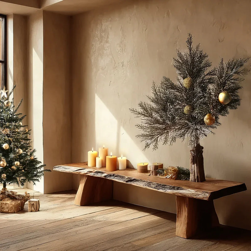 Live edge solid wood bench with candles and festive decor in a cozy room with Christmas tree