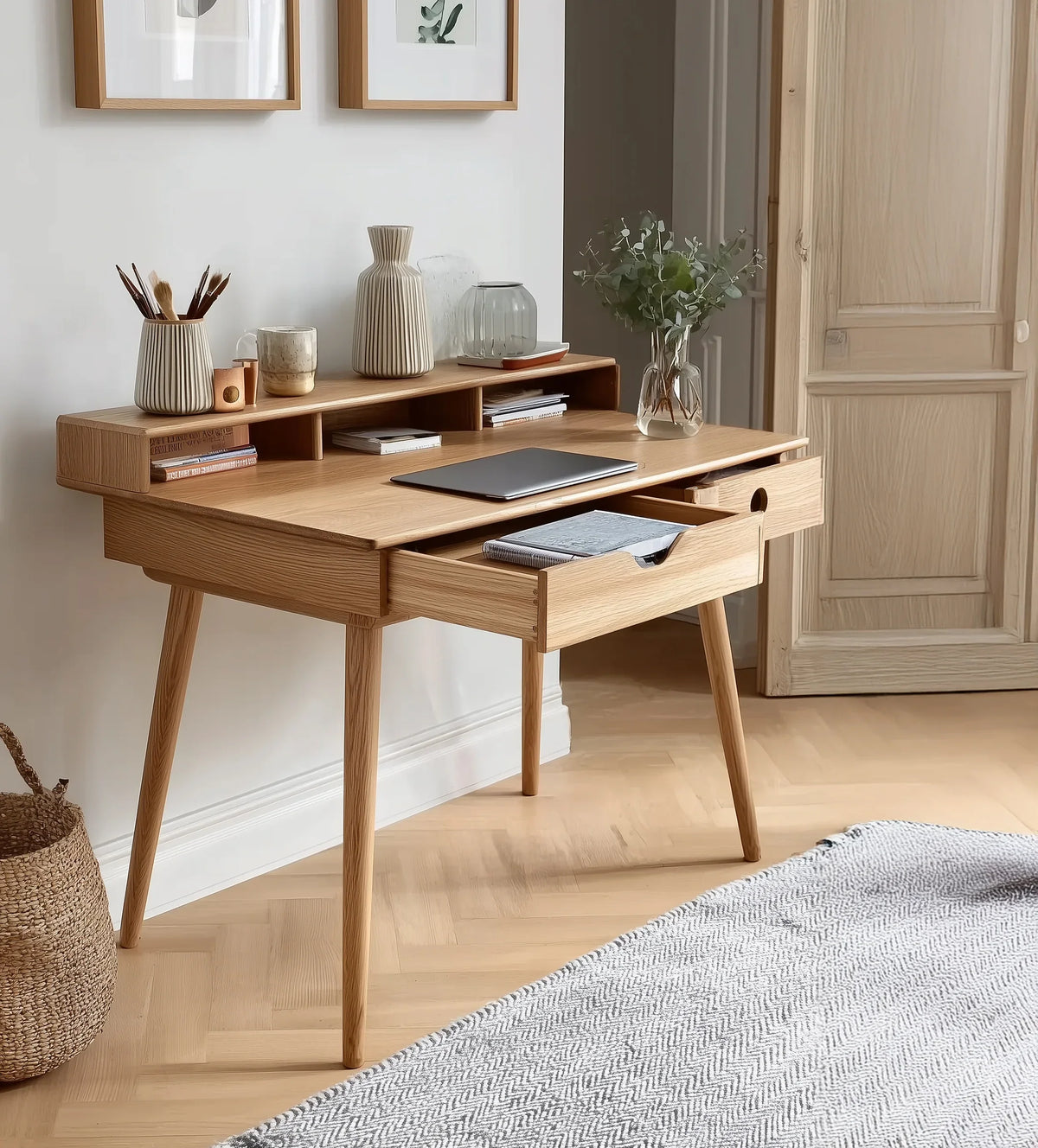 Solid wood writing desk with drawers, open shelves, and minimalist home office decor