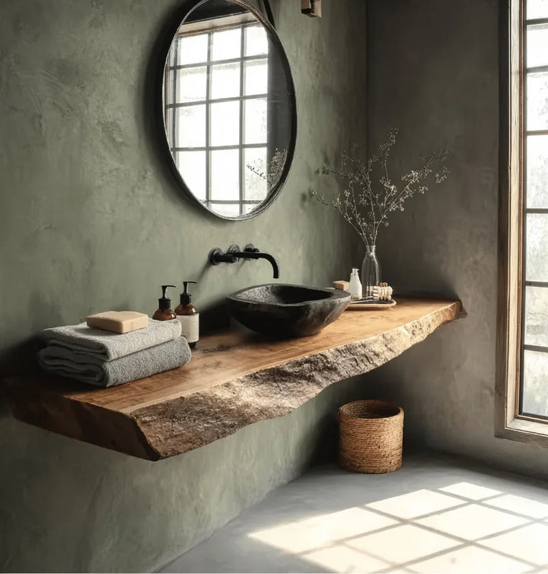 Modern rustic bathroom with live edge wood countertop, black stone sink, round mirror, and natural light