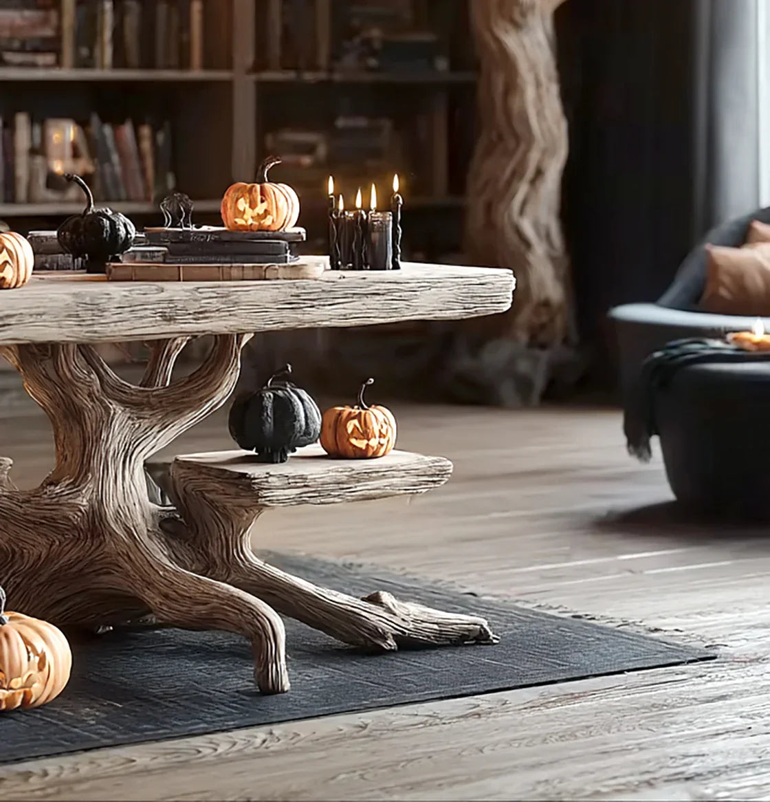 Rustic wooden table with carved pumpkins and lit black candles in cozy autumn living room