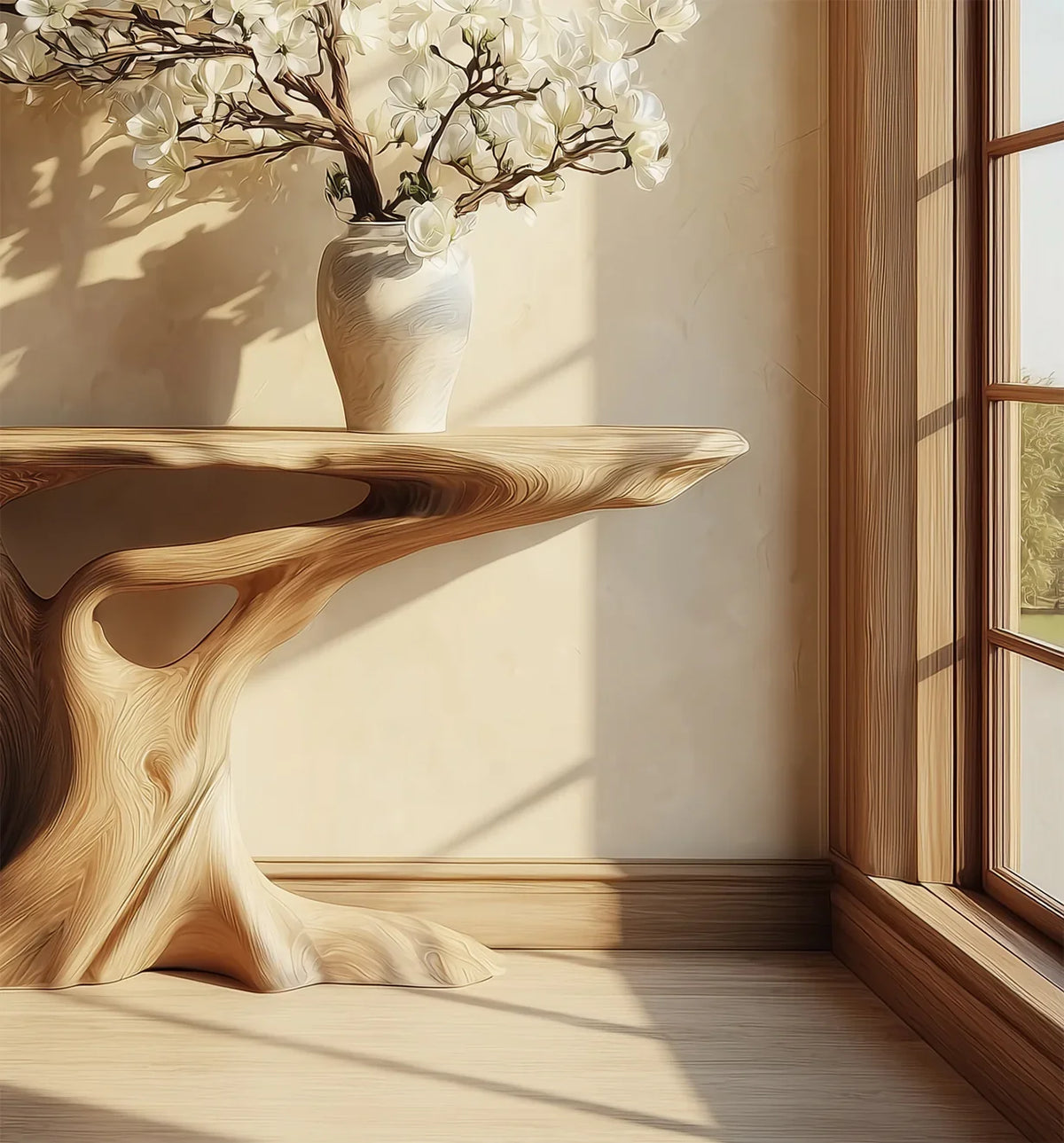 Sunlit interior with sculptural wooden table and white floral arrangement near wooden window