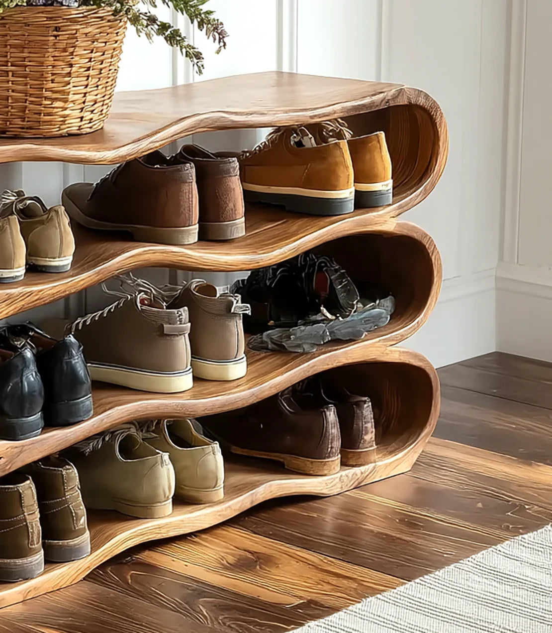 Curved wooden shoe rack with multiple pairs of casual men's shoes on dark hardwood floor