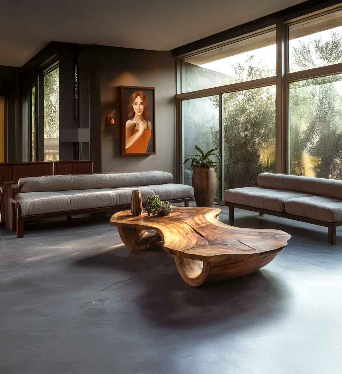 Modern living room with two gray sofas, large wooden coffee table, plant, and portrait on wall