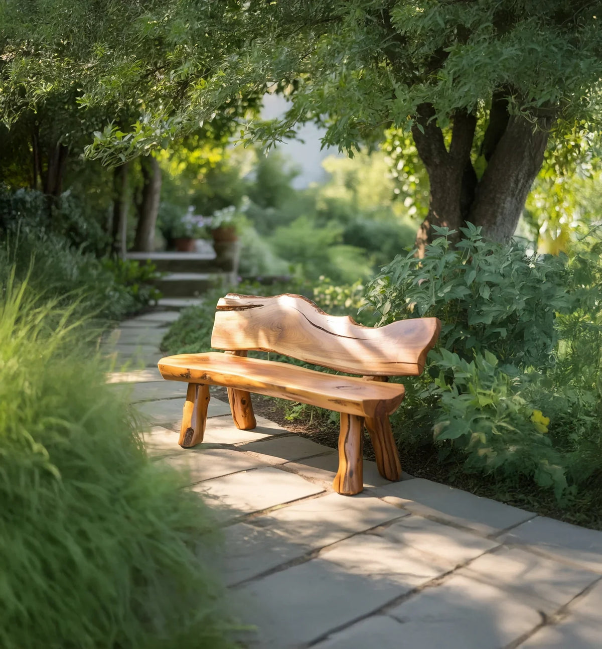 Rustic wooden bench on stone path surrounded by lush greenery and trees in garden