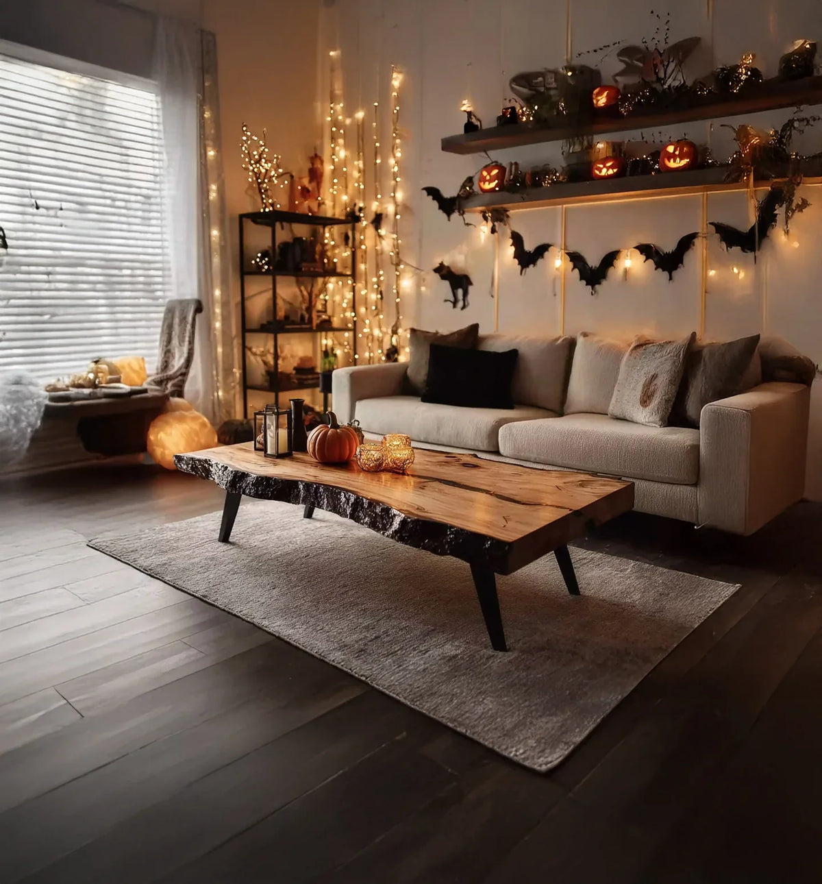 Cozy living room with beige sofa, rustic wooden coffee table, Halloween decor, and warm string lights