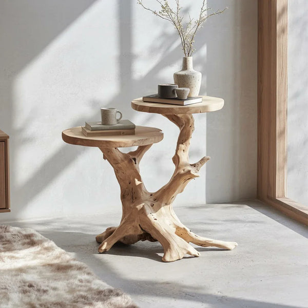 Handcrafted Tree Trunk End Table – Natural Wood Two-Tier Side Table, L