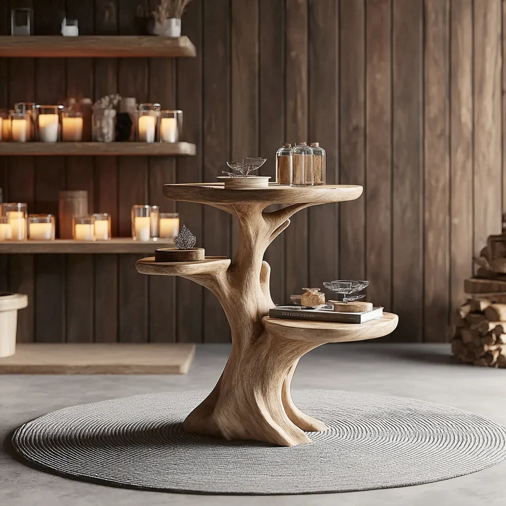 Solid wood tree bookshelf with live edge shelves, displayed in a cozy modern interior.