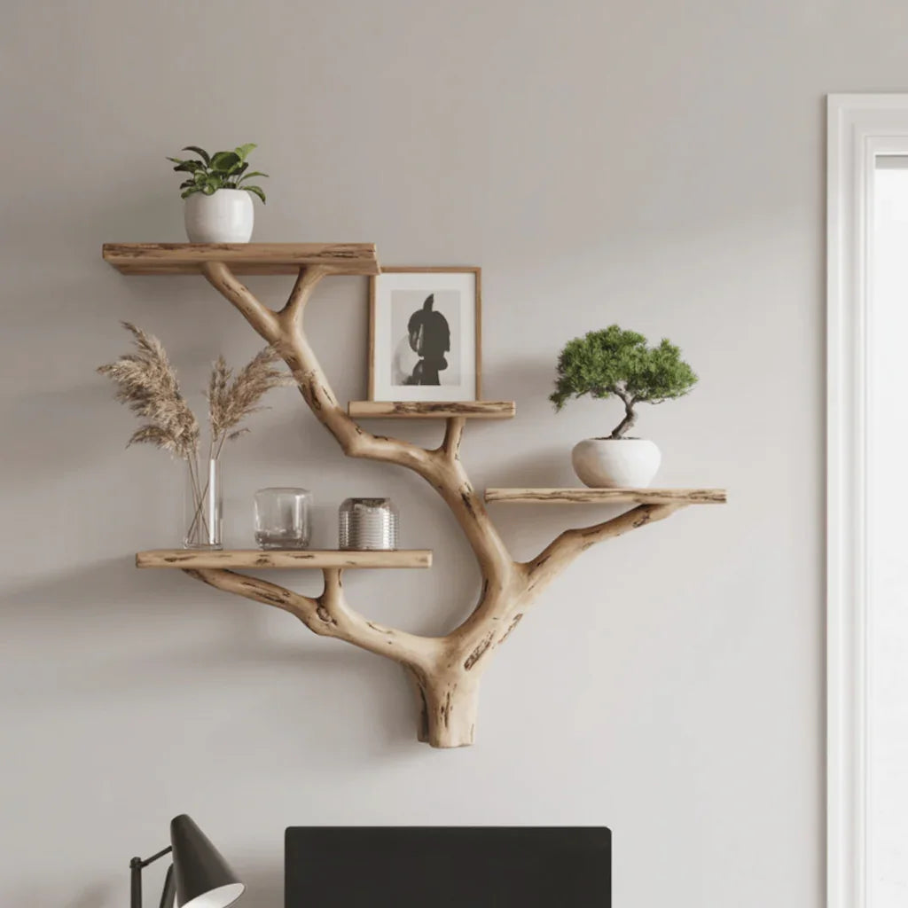 Wall-mounted live edge wood tree bookshelf with plants and decor above desk