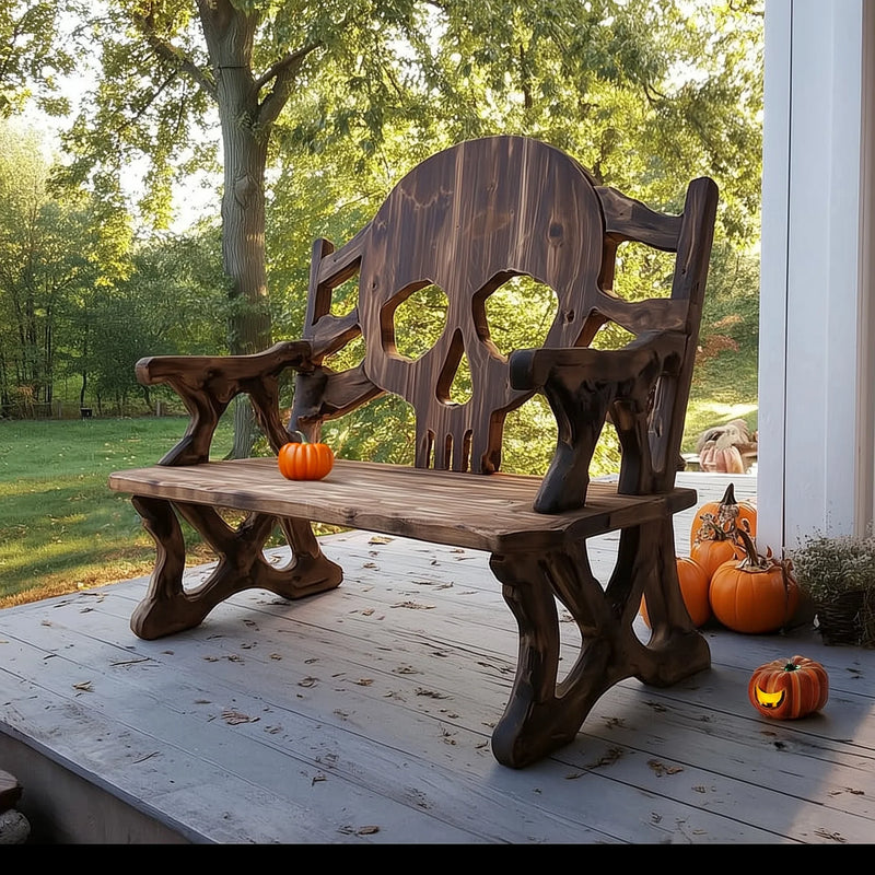Rustic wooden bench with skull-shaped backrest on porch decorated with pumpkins for Halloween
