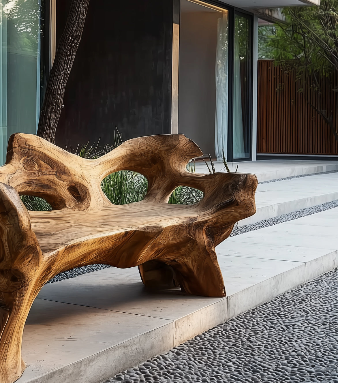 Handcrafted wooden bench with organic shapes on modern stone patio next to glass wall and plants