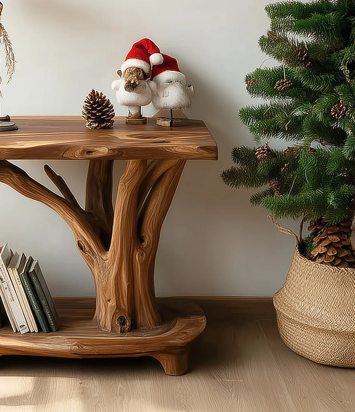 Sustainably crafted live edge wood console table with tree bookshelf, Christmas decor, and pinecones