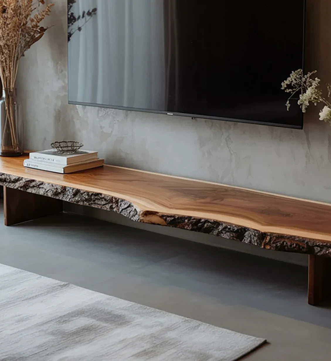 Modern living room with live edge wood TV console under wall-mounted flat screen TV