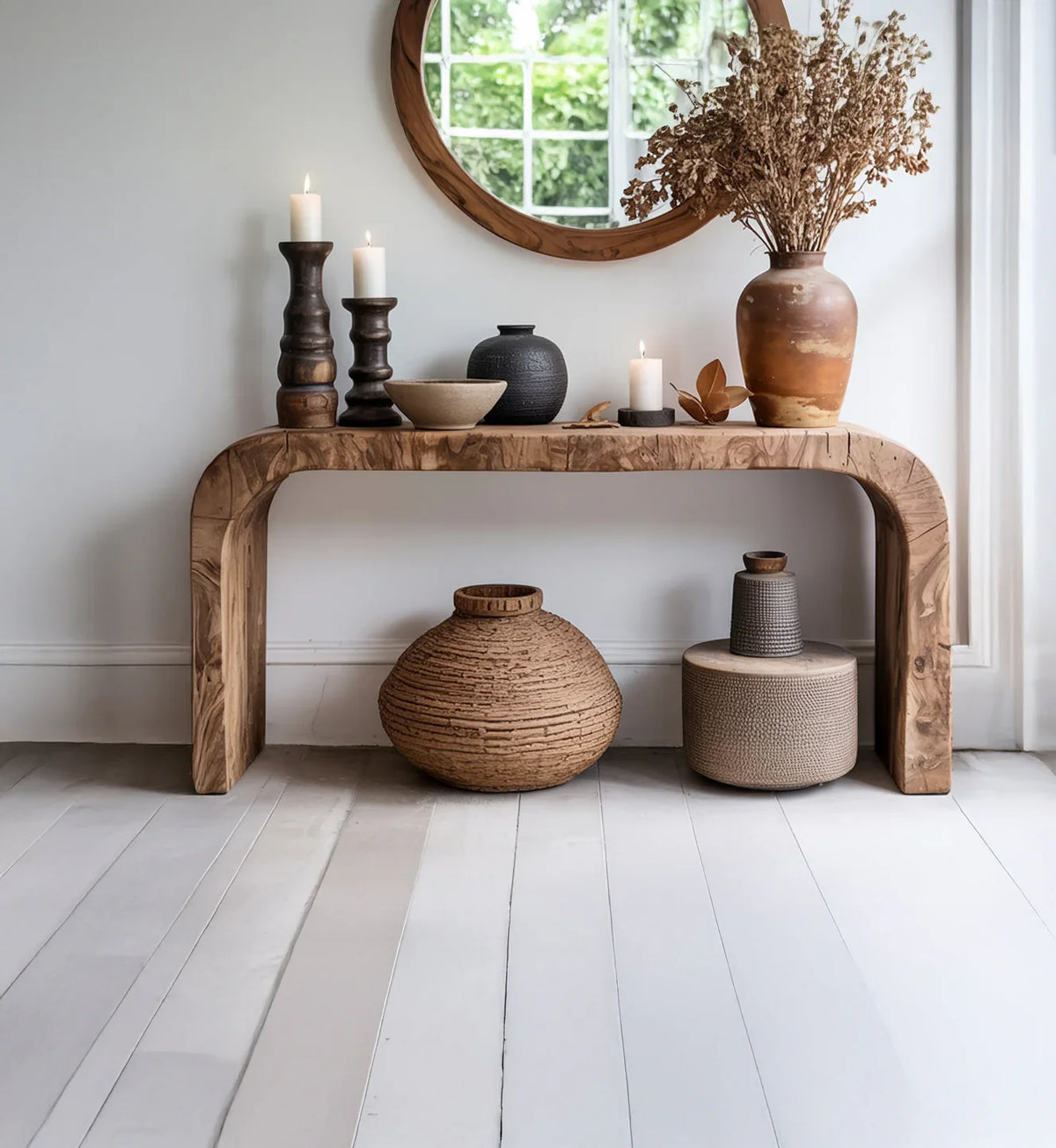 Sustainably crafted live edge wooden console table with decorative vases and candles in a modern living room