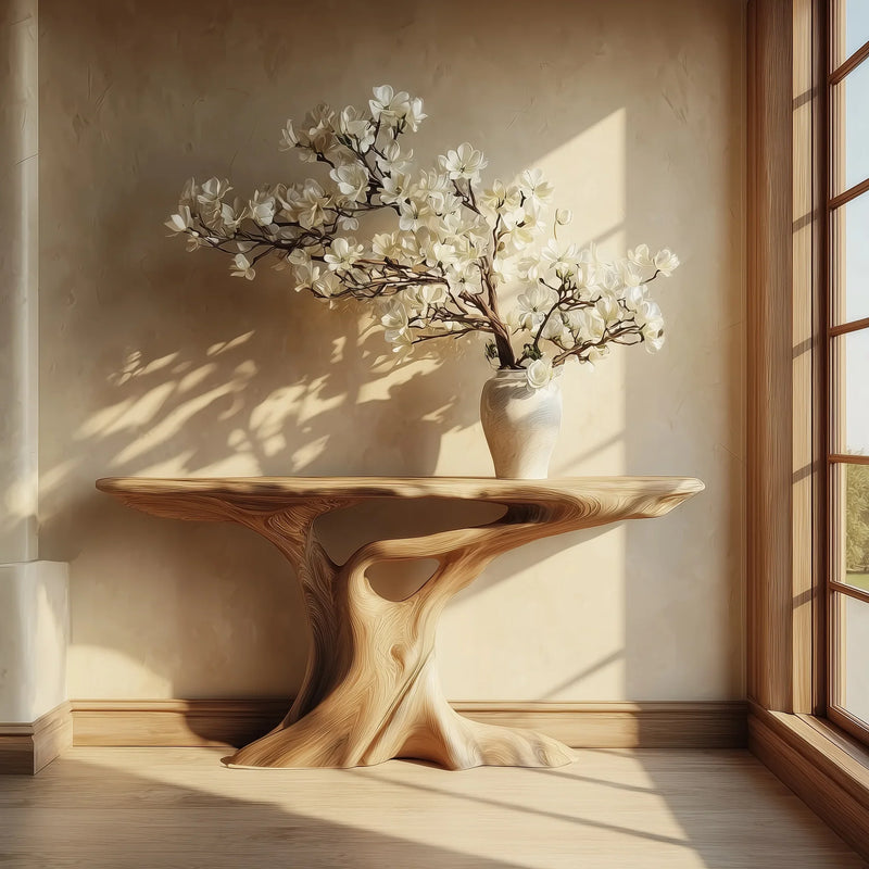organic wooden console table with white magnolia flowers in ceramic vase near sunlit window