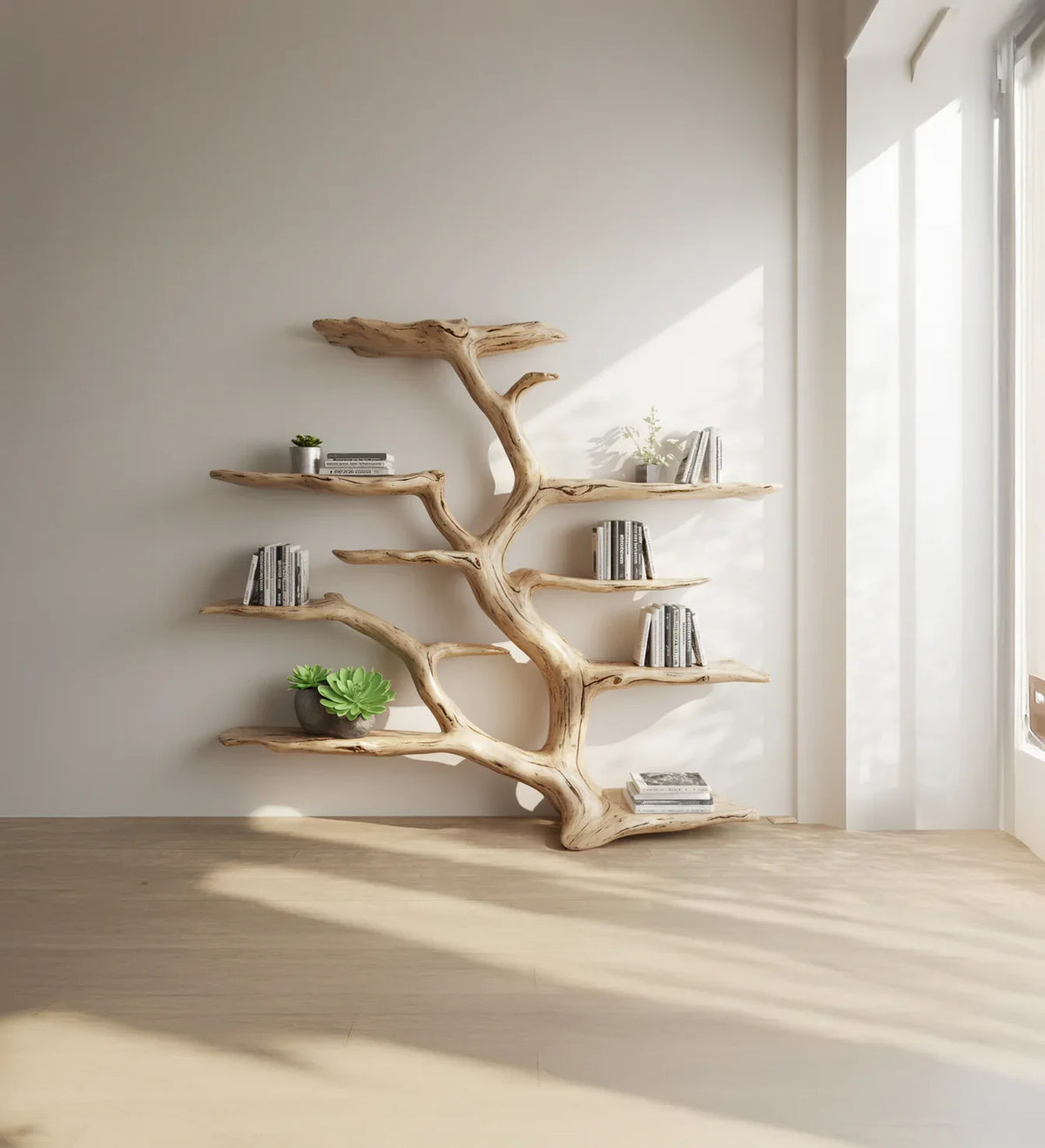 Modern minimalist room with natural wood tree-shaped bookshelf holding books and plants